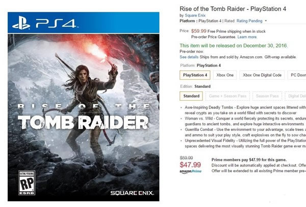 59.99美元古墓麗影崛起PS4版售價曝光 