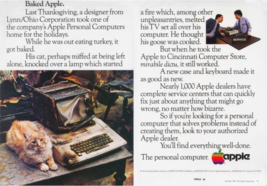蘋果電腦燒焦了還能使用。AppleII電腦廣告,1981年發(fā)布。