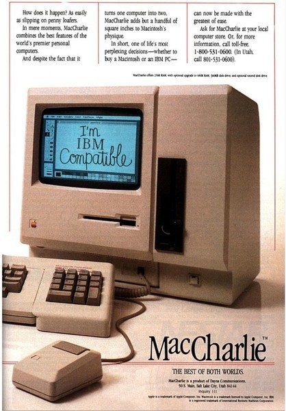 介紹蘋果電腦的MacCharlie硬件設(shè)備。蘋果電腦廣告,1986年發(fā)布。