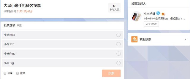 新機微博征名投票 小米史上最大屏要叫? 