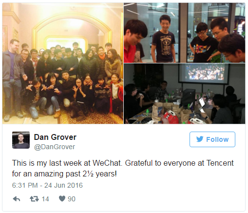 上月格羅夫表示，他將離開微信