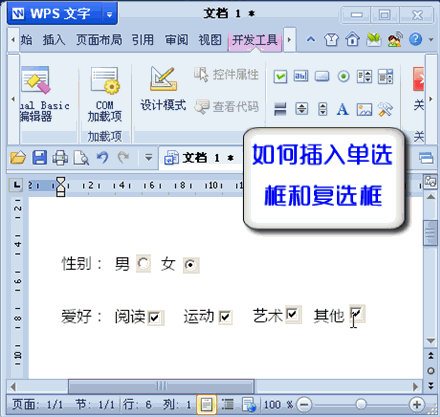 WPS文字技巧：如何插入單選按鈕和復選框