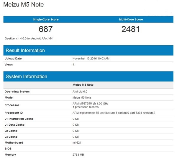 魅藍Note5現身Geekbench：聯發科P10<a href=/tags/86-0.html target=_blank class=infotextkey>處理器</a>+3GB運存